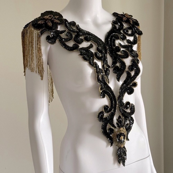 Vintage Black & Gold Ornate Hand Beaded Sequin Bodice Appliqués Patch Piece - Picture 8 of 10